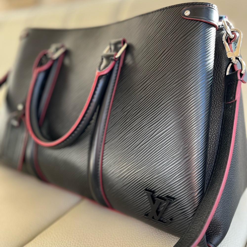LV Louis Vuitton Top Handle Crossbody Shoulder Bag Black with Red Stitching